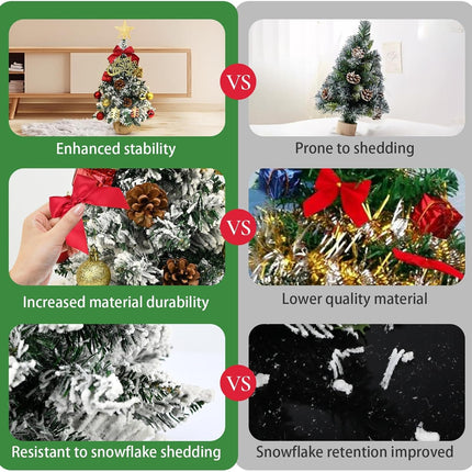 24 Inch Snowy Mini Christmas Tree with LED Lights, Small Xmas Tabletop Tree with Christmas Ornaments, Artificial Desktop Xmas Tree with Cloth Bag Base, Best DIY Christmas Holiday Party Decorations