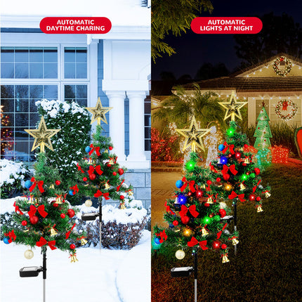 VIHOSE 8 Set 32 Inch Solar Christmas Tree Xmas Garden Stake Light Tree Decor Set with Bell Gold Pastel Ball Red Bow Tie Tree Waterproof Christmas Outdoor Decoration Tree for Yard Pathway Patio Lawn