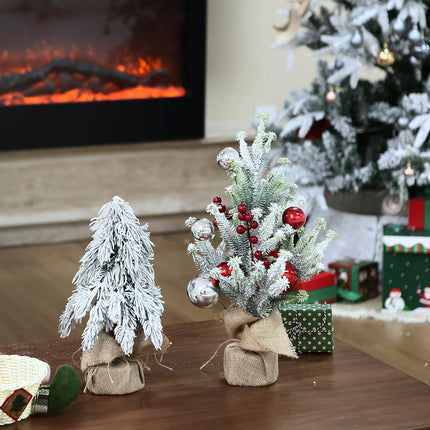 20 Inch Tabletop Christmas Mini Tree, Artificial Snow Flocked Small Christmas Pine Tree with Silver Red Christmas Balls Burlap Base for Home Table Desk Dining Bedroom Christmas Party Decorations