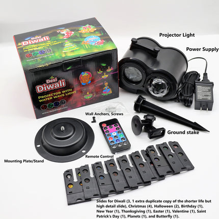 Holiday Halloween Valentine Party Christmas Diwali Projector Light (Indoor Outdoor Waterproof), 16 Slides (4 Pictures Each), 10 Wave Effects, Remote Control (Power Timer Speed Flash), 3 Mounting Ways