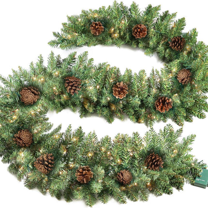 9 ft Christmas Garland, Pre-lit Garland with 50 Warm Lights, Classic Green Christmas Garland with 300 Branch Tips and Real Pinecone Decoration