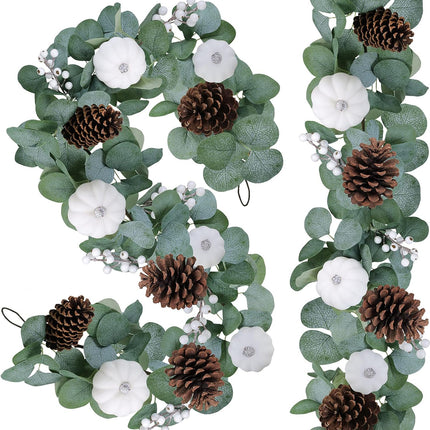 Winlyn 2 Pack White Pumpkin Garland Artificial Eucalyptus Garland with White Pumpkins Pinecones Berries Fall Foliage Garland for Wedding Arch Backdrop Thanksgiving Table Runner Farmhouse Décor
