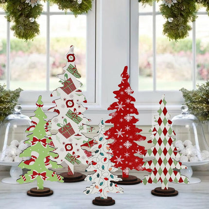 DAZONGE Christmas Decorations - 5PCS Wooden Christmas Tree Tabletop Decor Sign - Rustic Decorative standing Christmas Tree Centerpiece for Home Shelf Mantel