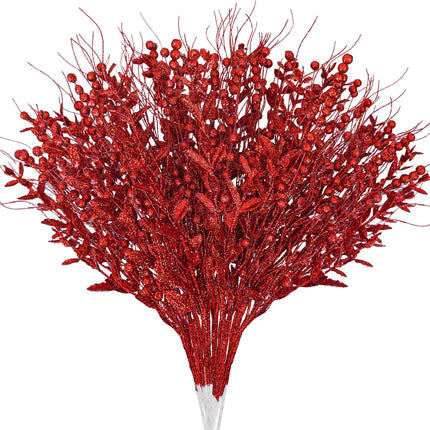 Ouddy Decor 16 Pack Christmas Glitter Berries Stems, 17'' Artificial Christmas Tree Picks and Sprays Decorations with Bead Sticks Glittery Twigs Branches for Christmas Tree Vase Wreath Home Decor, Red