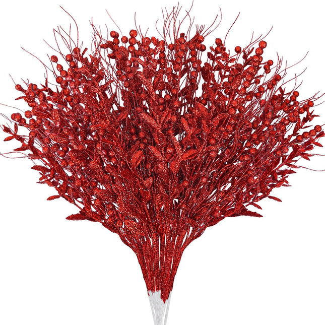 Ouddy Decor 16 Pack Christmas Glitter Berries Stems, 17'' Artificial Christmas Tree Picks and Sprays Decorations with Bead Sticks Glittery Twigs Branches for Christmas Tree Vase Wreath Home Decor, Red
