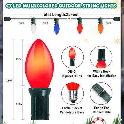 C7 LED Christmas Lights(25FT) 5 Multi-Color Outdoor&Indoor Lights for Holiday Party Wedding,25 Ceramic LED Bulb C7 Light(Plus 2 Extra Bulbs)-Green Wire