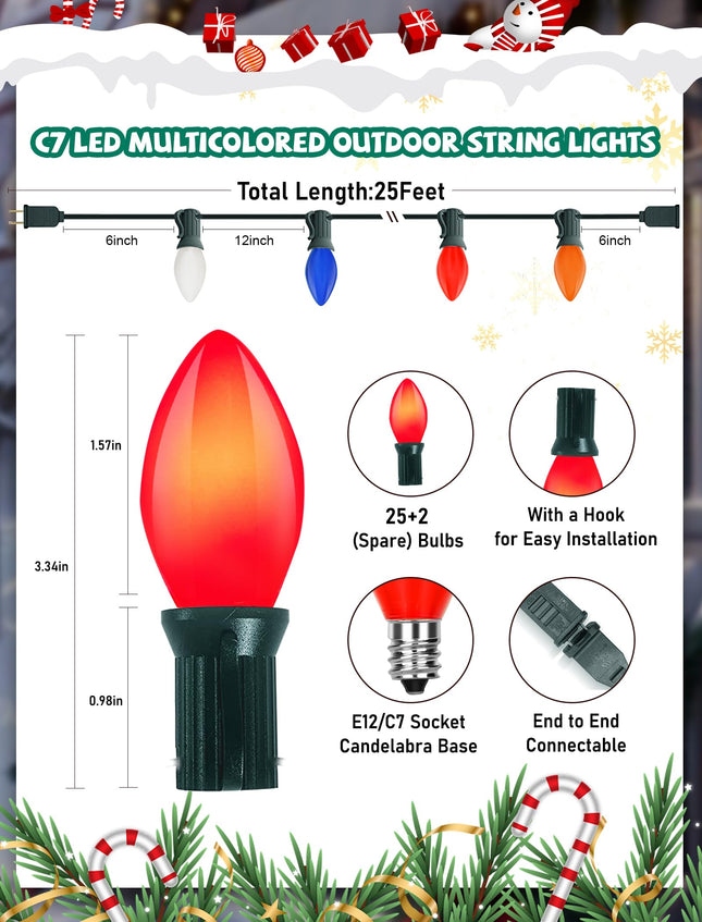 C7 LED Christmas Lights(25FT) 5 Multi-Color Outdoor&Indoor Lights for Holiday Party Wedding,25 Ceramic LED Bulb C7 Light(Plus 2 Extra Bulbs)-Green Wire