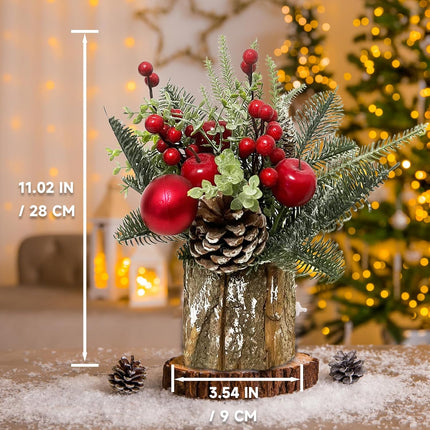 Christmas Table Decorations Small Tabletop Christmas Tree Artificial Mini Xmas Tree with Holiday Ornaments Red Berry Apple Pine Cone for Indoor Home Room Party Christmas Decor