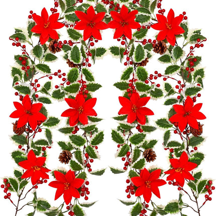 Christmas Decorations Garland - 2Pcs 12.6Ft Artificial Christmas Garland for Mantle, Holly Red Berry Garland with Poinsettia and Pine Cones for Xmas Tree Fireplace Indoor Outdoor Home Decor