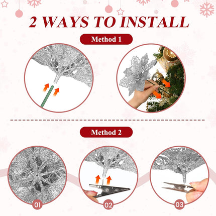 24 Pcs Artificial Glitter Christmas Tree Picks, Boxed 12 Poinsettia Flowers+ 6 Berry Stems+ 6 Flowers Berry Leaves Decorations Set, Indoor Outdoor Holiday Ornaments Decor, Red