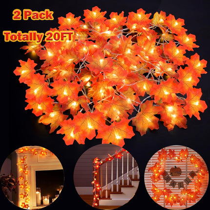 Fall Garland 20Ft 40 LED Lighted Maple Leaf String Lights for Fall Decor Thanksgiving Decoration Halloween Decor (2 Pack)
