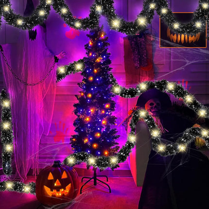 100 LED Lights TURNMEON 33 Ft Long Black Christmas Prelit Black Tinsel Garland Decorations Thick Thin Shiny Metallic Tinsel Twist Garland for Christmas Tree Decorations Home Indoor Outdoor Party
