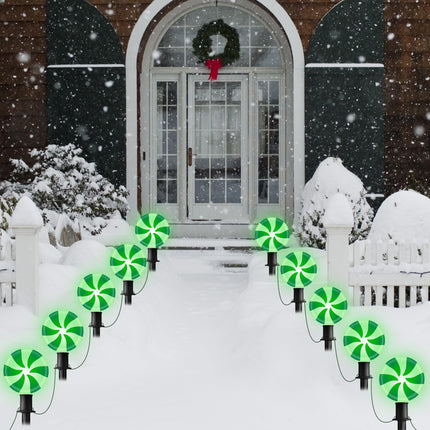 Christmas Lollipop Pathway Lights for Garden Christmas Decoration Green and White,10 LED String Path Sidewalk Lights with Stakes for Outdoor Lawn, Garden, Yard, Sidewalk