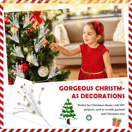Riceshoot 10 Pcs Christmas Tree Picks 12 Inch Glitter Berry Stem Ornaments Hanging Sequins Ball Xmas Branches Large Christmas Tree Fillers Picks Toppers for Holiday Party Supplies (Champagne Gold)