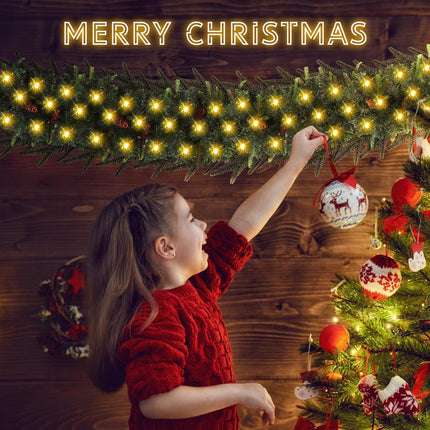 9 FT Christmas Garland with Lights,Christmas Decorations Garland Mixed Pinecones, with Timer, Battery Operated,Christmas Decor Garland for Stairs Indoor Mantle Door Wall Outdoor (Green+Brown)