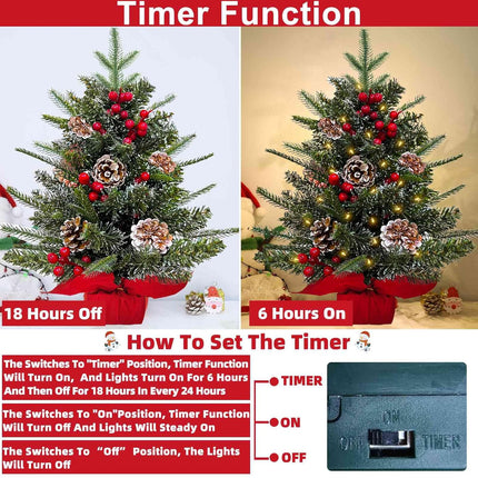 2 Pack 24 Inch Small Christmas Tree with Lights Frosted Thick PE PVC Realistic-Feel Cedar Norfolk Pine Artificial Mini Tabletop Christmas Trees Berries Pinecone Timer Christmas Decoration Indoor Home