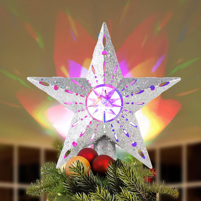 Christmas Tree Topper Star: Xmas Tree Topper Lighted with Automatic Rotating Multicolor 3D Magical Glitter Star Tree Toppers Lights for Home Office Xmas Holiday Decor - Silver