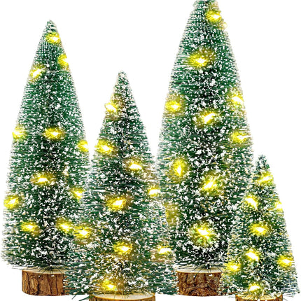 Small Christmas Tree with Lights, 4 Pcs Table Top Mini Christmas Tree with Wooden Bases, LED String Light Small Bottle Brush Pine Tree Decor for Xmas Holiday Party Home Indoor Christmas Decoration