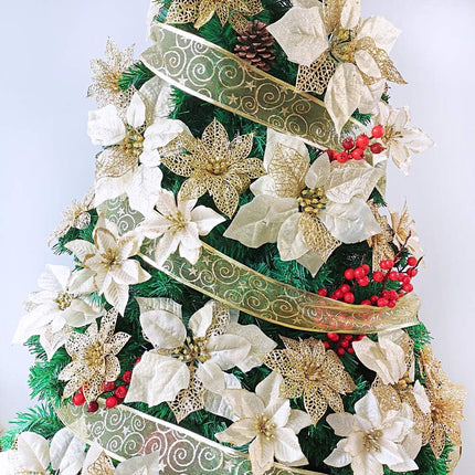 Supla 24 Pack Christmas Gold Glitter Poinsettia Flowers Picks Christmas Tree Ornaments 5.9" Wide for Gold Christmas Tree Wreaths Garland Holiday Seasonal Wedding Decorations White Box Included
