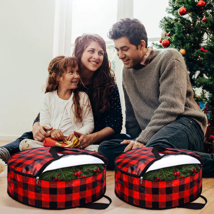 4 Pcs Christmas Wreath Storage Bag 24 Inch 30 Inch Large Buffalo Plaid Wreaths Storage Container Zippered Wreaths Holder with Handles for Xmas Holiday Party Seasonal Storage Wrapping(Black and Red)