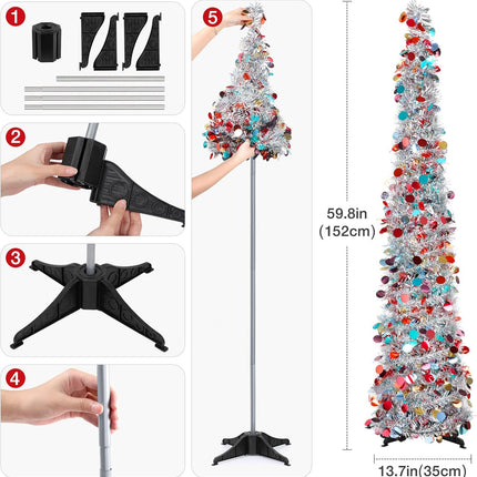 Christmas Tree, 5Ft Artificial Christmas Tree Decorations Pencil Xmas Tree for Home Party Office Fireplace Holiday Decorations (Silver)