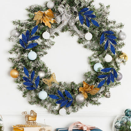 DILATATA 20 Pcs Christmas Glitter Bay Leaves 11" Blue Artificial Glitter Leaf Spray Christmas Tree Picks for Xmas Wreath DIY Garland Home Decor - Blue