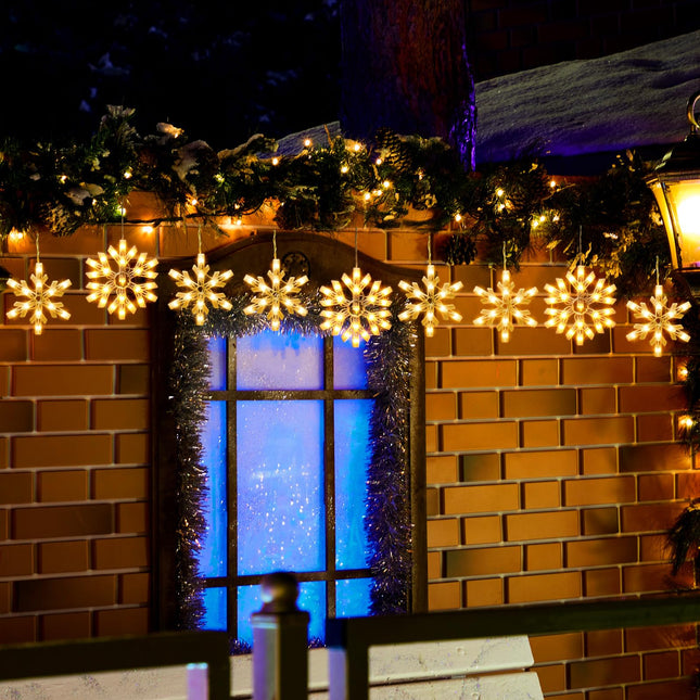 Snowflake Christmas String Lights with 9 Drops - 13ft 150 Mini Bulb Icicle Lights with Clips, Plug-in Connectable Hanging Lights for Front Porch House Tree Pation Decor Holiday Décor