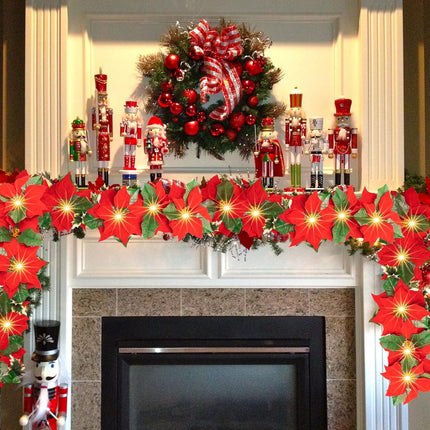 Dazzle Bright 7 FT Christmas Poinsettia Flowers Garland Decorations, 10 LED Lighted Artificial Velvet String Lights with Red Berries Holly Leaves, Xmas Ornaments for Indoor Outdoor Fireplace Decor