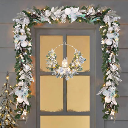 prelit Christmas Hoop Wreath with Lighted House,Farmhouse Winter Wreath with Lights,16inch Silver White Christmas Wreath for Front Door, Winter Xmas Holiday Porch Decor,Modern Mantel Decoration