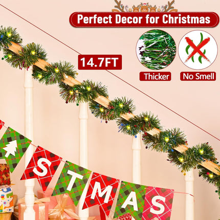 Christmas Garland Decorations-14.7 FT Christmas Garland with Lights, Fluffy Soft Tinsel Lighted Green Garland for Mantle, Christmas Tree Greenery Garland Decor Outdoor Indoor