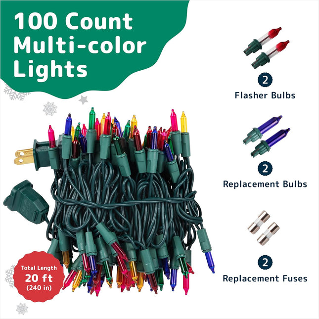 PREXTEX Christmas Lights with Green Wire - 100 Count, 20 Ft Multicolored Xmas Lights for Christmas Decorations Indoor and Outdoor - Warm Twinkle String Lights, Ideal for Patios, Fences, Holidays