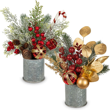 Hollyone 2 Pack Christmas Tree Potted Plant 12" Artificial Small Christmas Table Decorations with Christmas Ball Ornaments Fake Berries Pine Cones for Indoor Home Office Xmas Party Centerpieces Decor