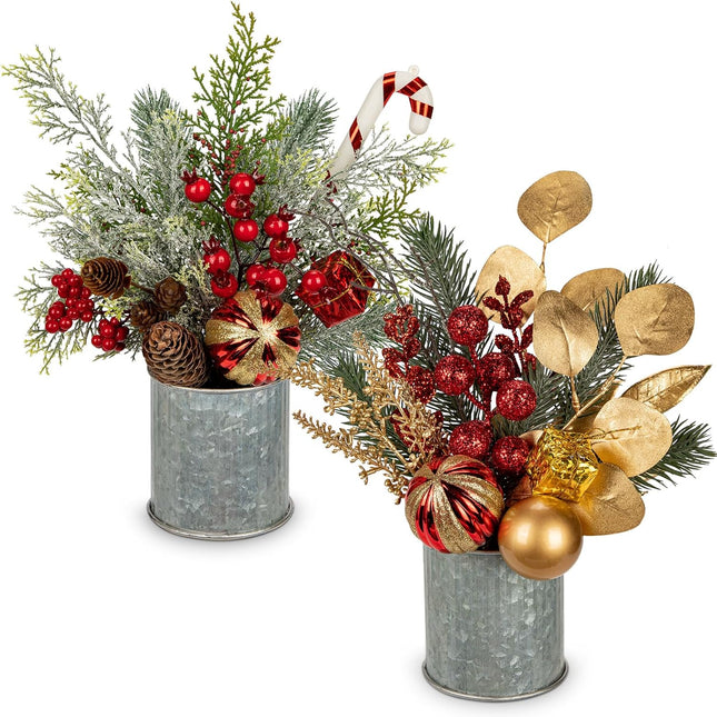 Hollyone 2 Pack Christmas Tree Potted Plant 12" Artificial Small Christmas Table Decorations with Christmas Ball Ornaments Fake Berries Pine Cones for Indoor Home Office Xmas Party Centerpieces Decor