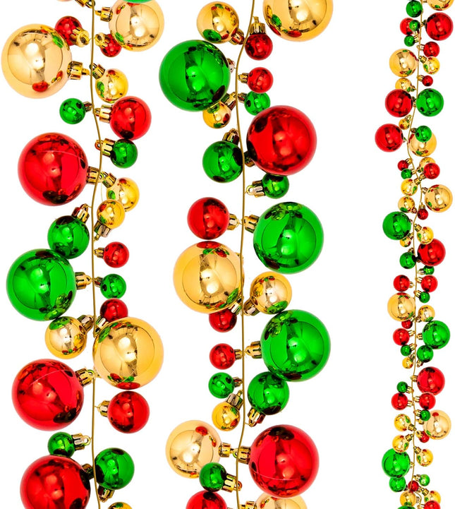 Whaline Christmas Ball Garland Ball Ornaments 6ft Bauble Garland Christmas Tree Ball Decorations Shatterproof Ball Ornament for Xmas Party Supplies, Indoor Outdoor Home Office, Red Green Gold