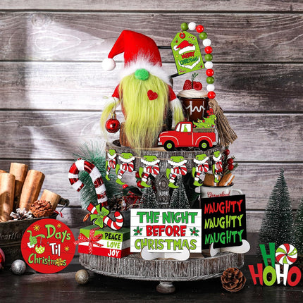 18 Pcs Christmas Tiered Tray Decor Set Lime Green Red Gnome Plush Christmas Wooden Sign Bead Garland Christmas Centerpiece Table Xmas Decorations for Home Farmhouse Holiday Table Indoor Decor