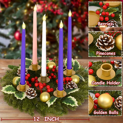 Waipfaru 6 Pcs Christmas Advent Wreath Advent Candle Holder with 5 Flameless Simulated Candles, 12 Inch Advent Wreath and Candles Set, Christmas Centerpiece Decorations for Table Indoor Home Church