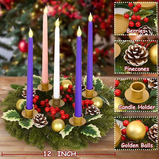 Waipfaru 6 Pcs Christmas Advent Wreath Advent Candle Holder with 5 Flameless Simulated Candles, 12 Inch Advent Wreath and Candles Set, Christmas Centerpiece Decorations for Table Indoor Home Church