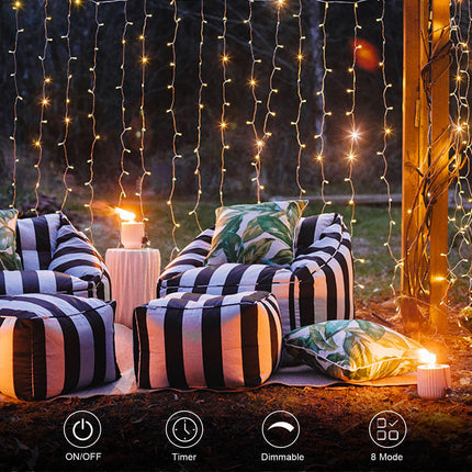 echosari 300 LED Curtain Lights Battery Operated, 9.8ft×9.8ft Hanging Lights with Remote Timer Fairy Curtain Lights for Bedroom Patio Wedding Backdrop Party Decór (Warm White)
