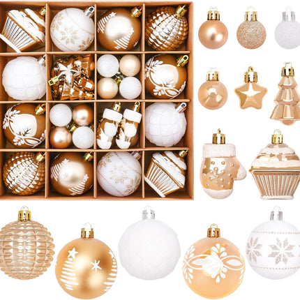 FestiveBliss Christmas Ornaments, 42 Pcs Christmas Decoration Balls or Xmas Tree Ornaments, Shatterproof Plastic Christmas Balls for Holiday Wreath Garland Decor, (Gold & White)