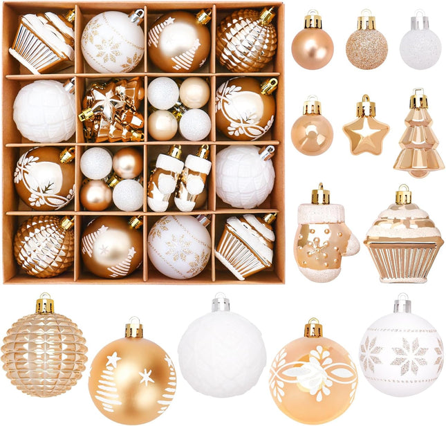 FestiveBliss Christmas Ornaments, 42 Pcs Christmas Decoration Balls or Xmas Tree Ornaments, Shatterproof Plastic Christmas Balls for Holiday Wreath Garland Decor, (Gold & White)