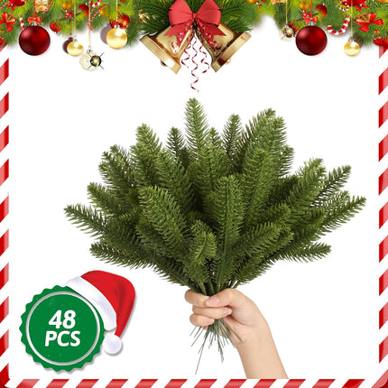 48 PCS Artificial Pine Branches, Christmas Greenery Stems Faux Pine Needles Christmas Picks and Sprays Christmas Tree Filler Branches Decorations, DIY Accessories for Wreath Garland Holiday Home Decor