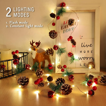 Christmas Garland with String Lights 10 Ft 30 LED Pine Cone Red Berry Bells Garland Lights, Indoor Christmas Decorations for Home and Fireplace Mantel Decor,Christmas Tree Decor (Warm White)