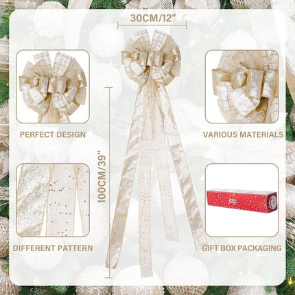 Christmas Tree Topper Bow 52x12“ Christmas Ornament with Glitter Satin Mesh Streamer,for Your Christmas Decor & Ornaments (Champagne Gold)