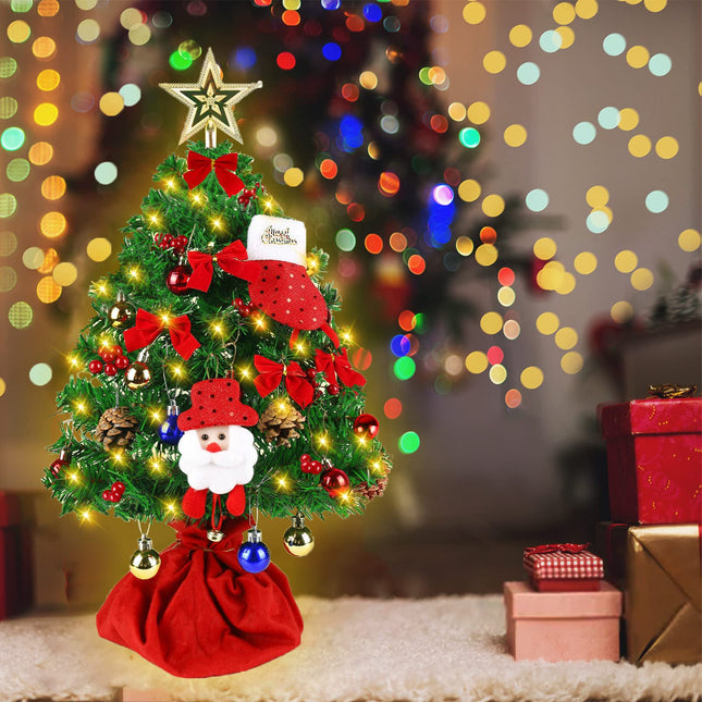 2 Ft Little Tabletop Christmas Trees Led Lights Artificial Pre-Lit Decoration And Ornaments Mini Xmas Decorated Topper Star Bow Miniature Snowman Indoor Small Desktop Potted Balls Battery Operated Set