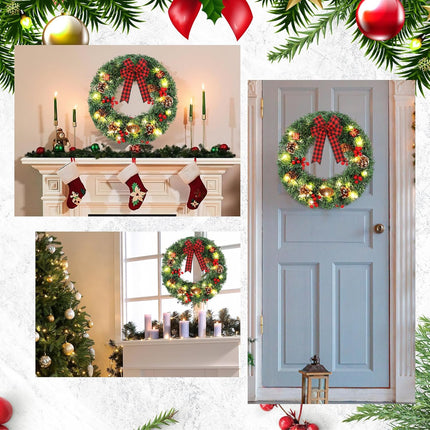 Lyrow 4 Pcs Christmas Wreath 13.8 Inches Prelit Small Xmas Wreaths with Red and Black Bow Christmas Door Wreath with Pine Cones Red Berries for Door Outdoor Holiday Party