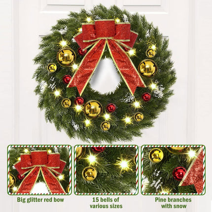 YoleShy 17 Inch Pre-lit Christmas Wreath with Hanger & Bow & Bells Battery Operated Christmas Wreath Christmas Decorations for Window, Front Door, Wall Decor, Fireplace