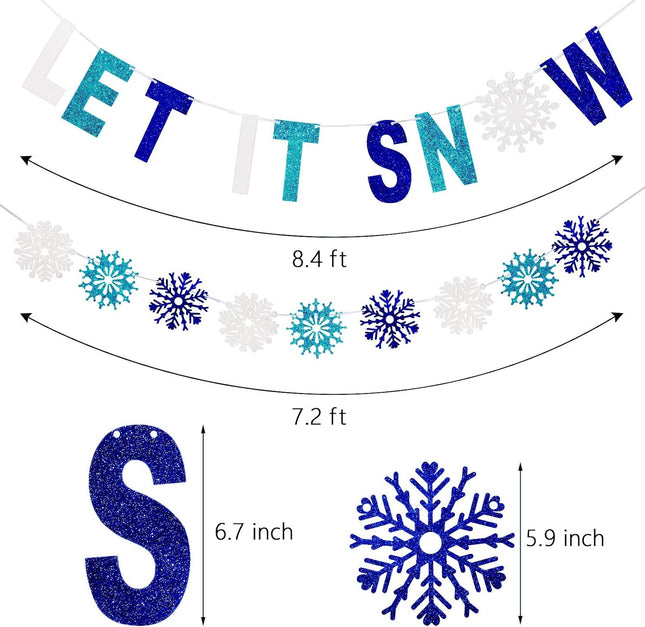 3 Pieces Let It Snow Banner, Glitter Winter Snowflake Garland Banner, White Blue Snowflake Hanging Ornaments for Christmas Holiday Party Decorations Year Festive Frozen Party Supplies