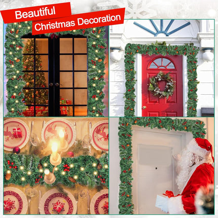 LOMIMOS 9FT Christmas Lighted Artificial Garland, Xmas Battery Operated Green Rattan with 50 Lights Pine Cones Red Berries for Fireplace Stair Mantle Indoor Outdoor Home Fireplace Porch Decoration(A)