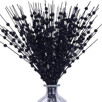 10 Pack Black Artificial Glitter Berry Stems 15.7" Fake Christmas Picks Decorative Glitter Sticks for Christmas Tree DIY Wreath Crafts Fireplace Decor