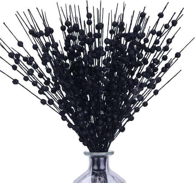 10 Pack Black Artificial Glitter Berry Stems 15.7" Fake Christmas Picks Decorative Glitter Sticks for Christmas Tree DIY Wreath Crafts Fireplace Decor